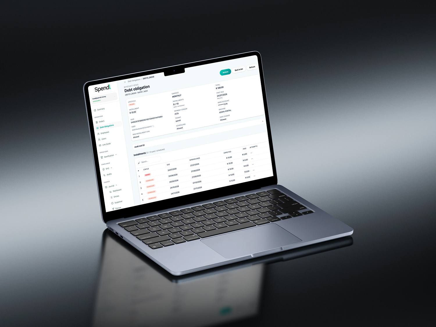 Debt obligation detail with an instalment schedule in the Spendl administration console