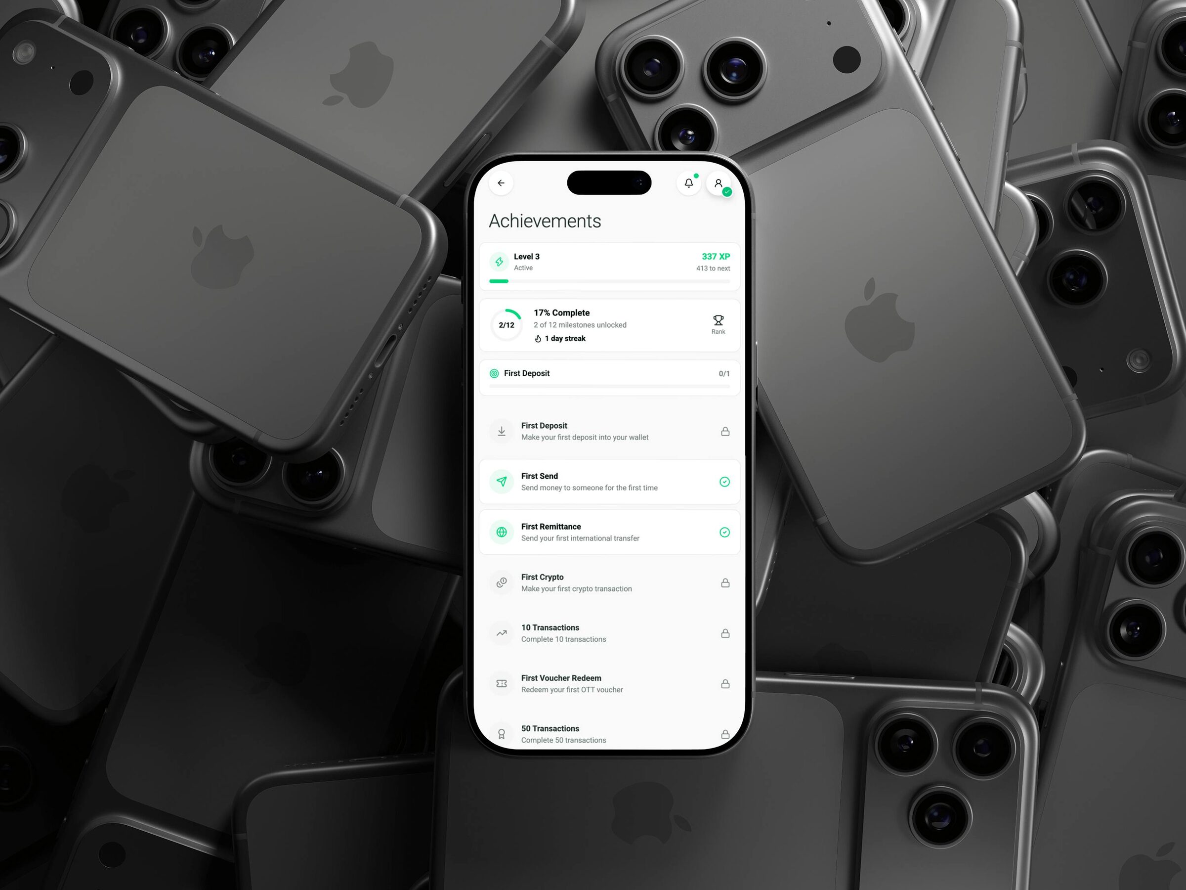 Achievements screen in the Spendl wallet with XP, milestones and a streak