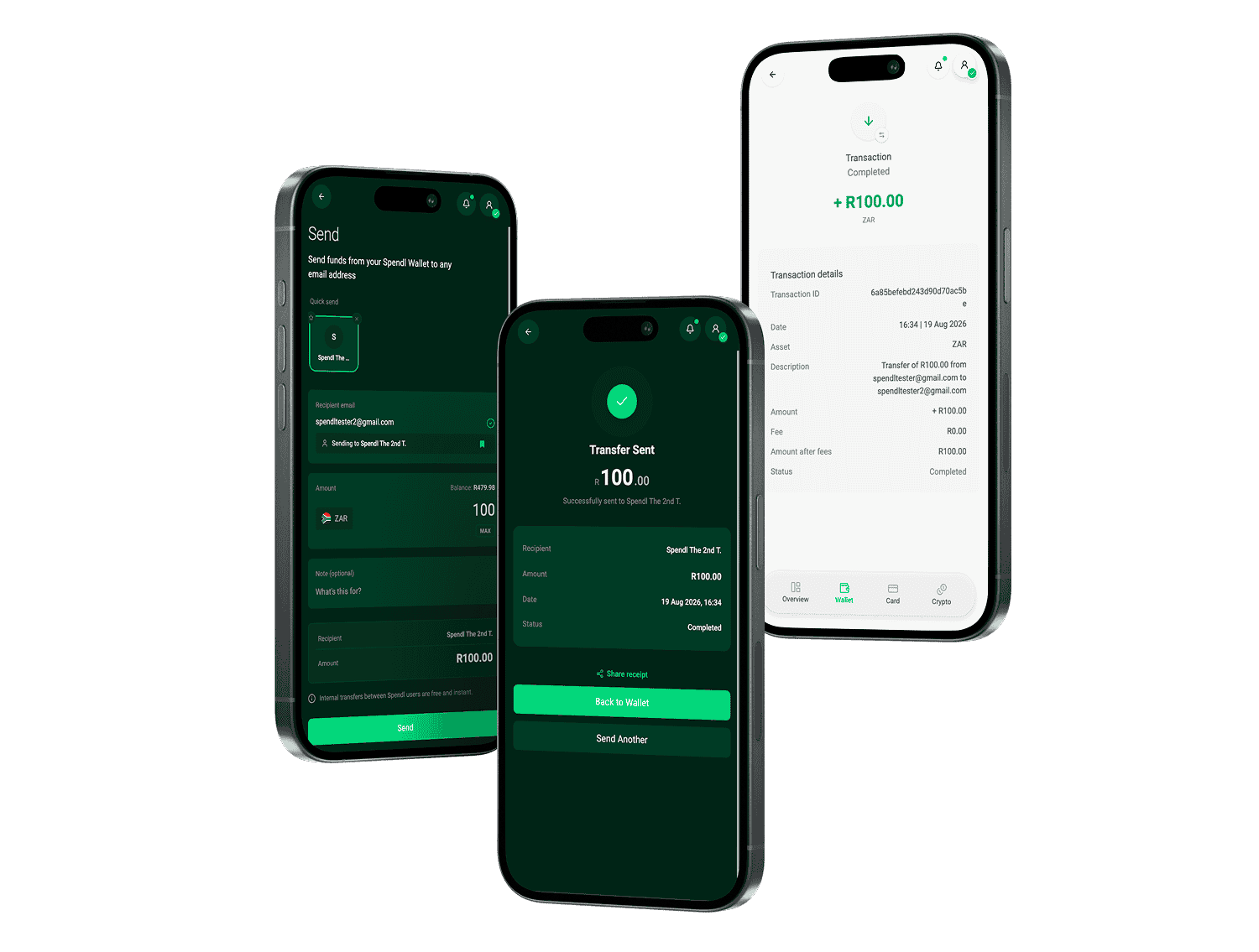 Three wallet screens: sending R100, the transfer sent, and the completed transaction showing a fee of R0.00